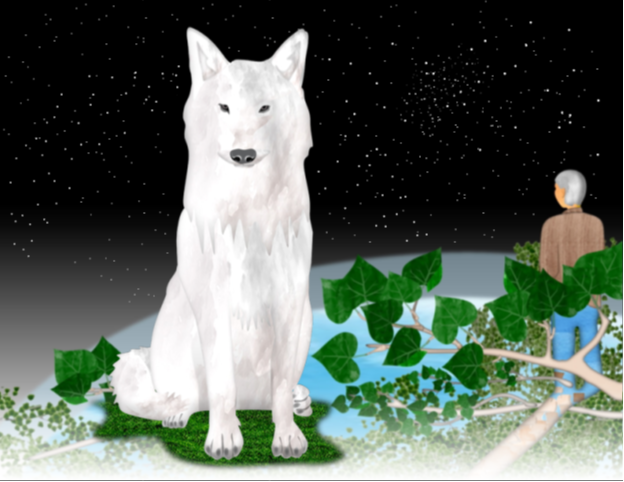 Illustration of a white wolf appearing by a man’s feet, regarding him with benevolent concentration